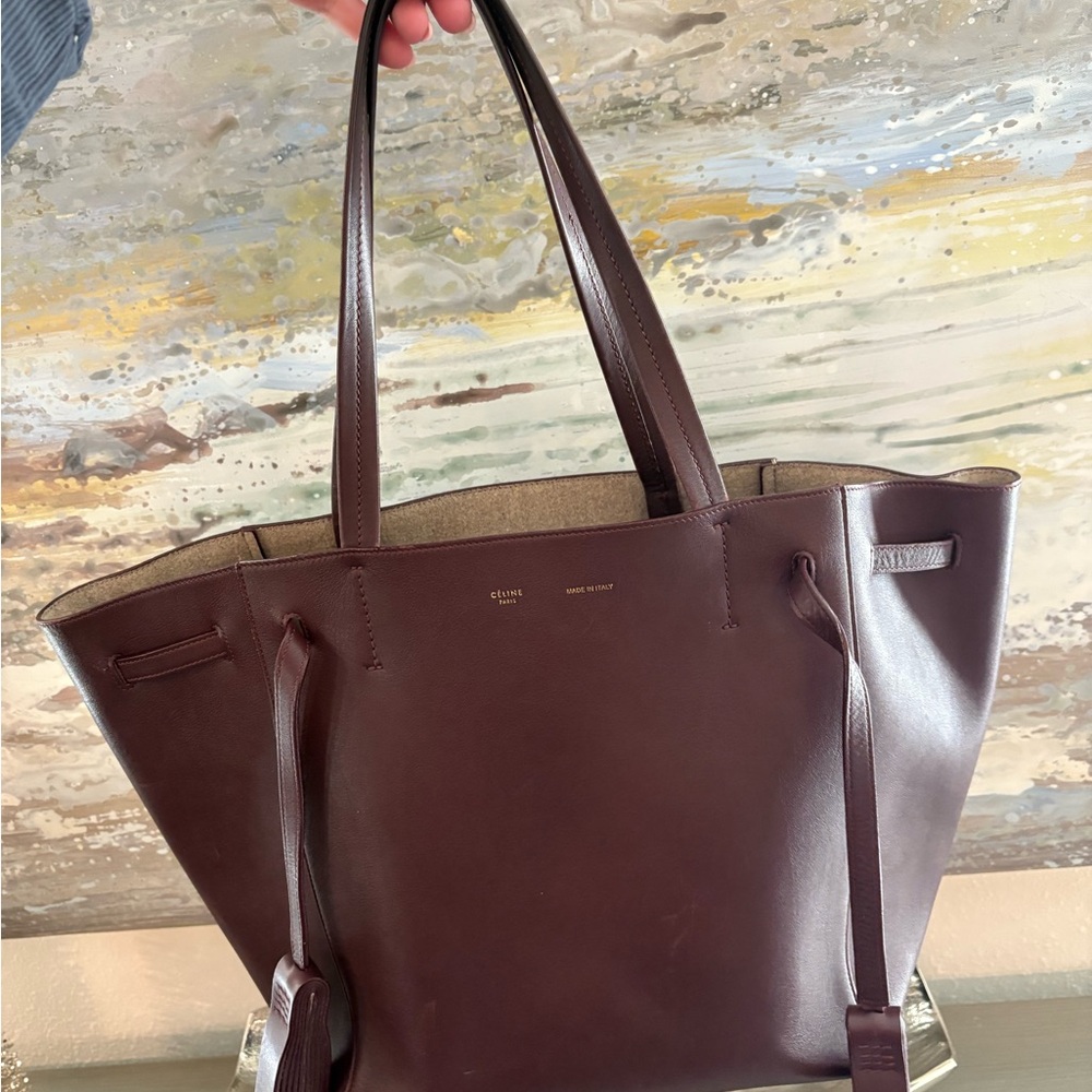 Celine Medium Cabas Phantom Tote with Tassels in Burgundy / Eggplant Color